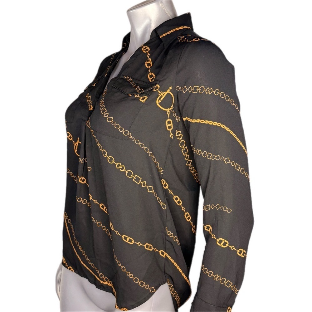 Ann Taylor | Black and Gold Chain Print Quarter Button Blouse - Picture 7 of 11